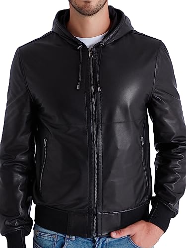Men's Reversible Leather Bomber Jacket with Hood - Real Genuine Lambskin Leather Jacket for Men3