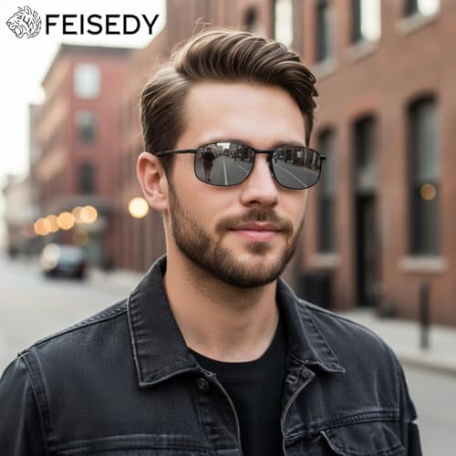 Image of FEISEDY Rectangle Polarized Square Sunglasses for Men Women B2444 | Photochromic, Night Vision, Automatically darken in sunlight, 100% UV400, Driving, Fishing, Climate Pledge Friendly