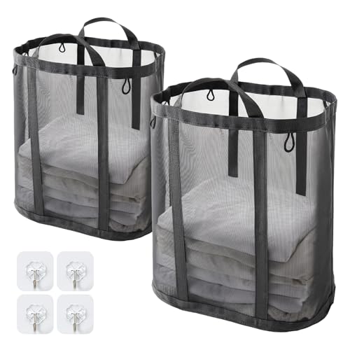TECHMILLY ランドリーバッグ 折りたたみ 大容量 洗濯カゴ 自立式 軽量 ランドリーバスケット 通気性のよい メッシュ 洗濯バッグ 取っ手付き 粘着フック付き 壁掛け 洗濯物入れ 収納 バッグ ぬいぐるみ収納 旅行 家庭用 キャンプ 長さ40CM幅さ26CM高さ44CM (ブラック、2PCS)