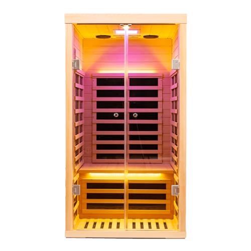 Smart APP Control 1 Person Ultra Low EMF (0-5mG) Far Infrared Sauna for Home, Hemlock Wooden 1420W Personal Indoor Sauna with Touch Panel, Chromotherapy Lights, Bluetooth Speakers & Reading Lights