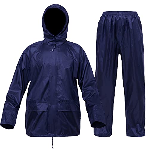 Niruoxn Mens Waterproof Rain Suit With Hood 2 Pieces Lightweight Fishing Camping Rain Jacket(Navy,XL)