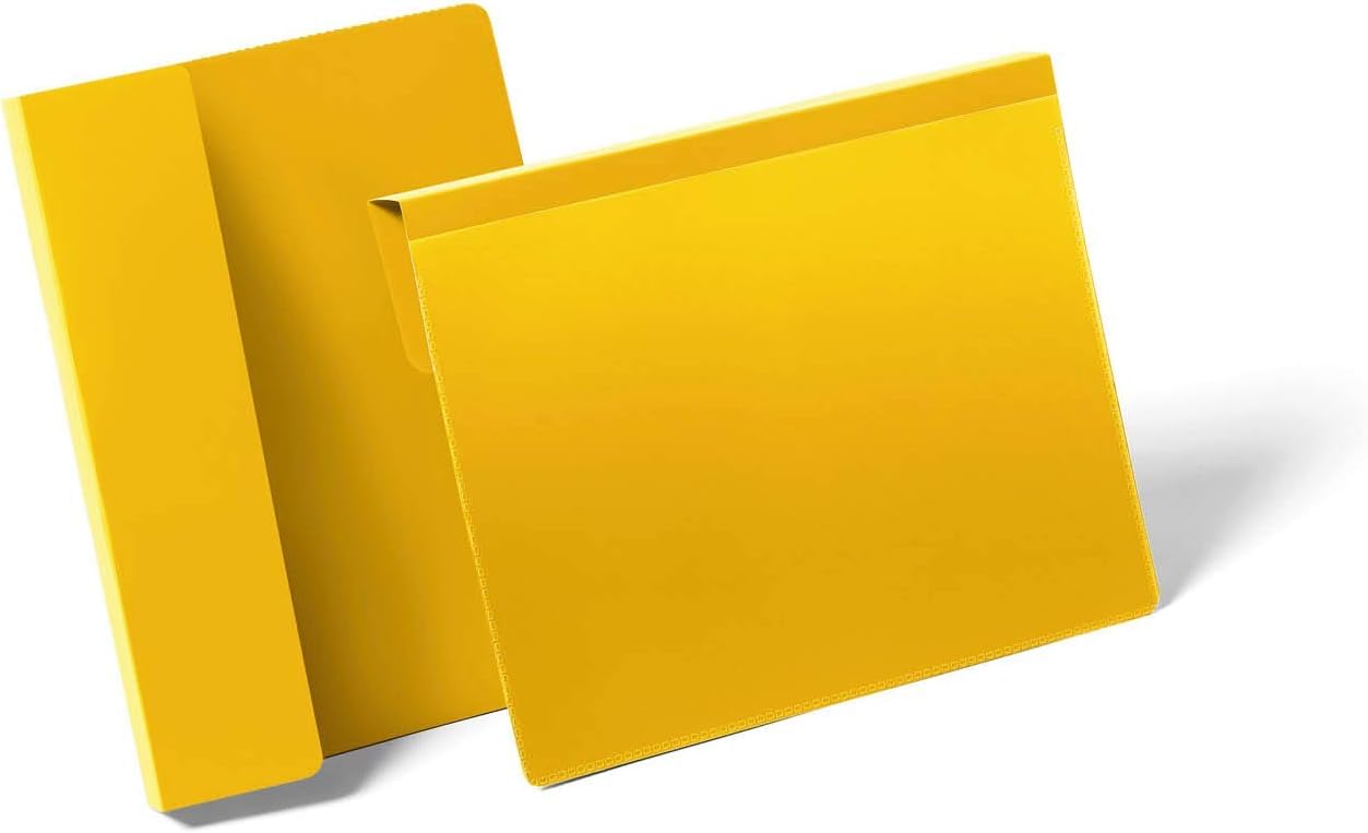 Durable 172204 Buste con Aletta Pieghevole di Aggancio A5 Orizzontale, Confezioni da 50 Pezzi, Giallo