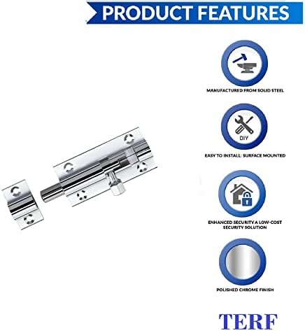 TERF® Door Bolt Polished Chrome Barrel Slide Lock 38mm [1.5''] Door Latch with Screws Ideal for Internal and External Doors Locks for Bedroom Bathroom Toilet Shed Gate Cupboards and Cabinets - 38mm