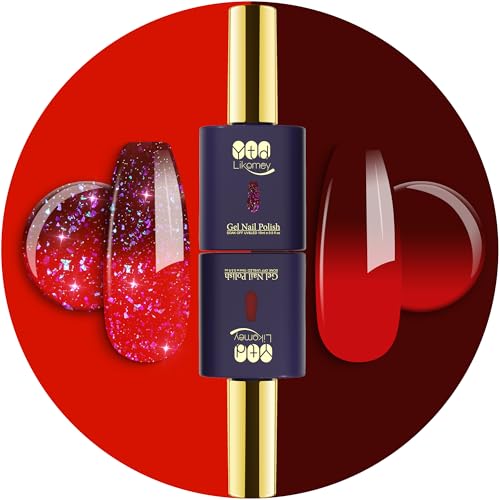 YTD Likomey Color Changing Gel Nail Polish 2 Pcs Set,15ml Red to Burgundy Red Pure Color and Brocade Glitter Kit,Thermal Ombre Change Colors Salon Manicure UV Nail Varnish,WB2-2