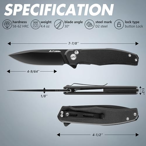 Flissa F014066AJ Folding Pocket Knife, 4.5 Inch G10 Handle Edc Knife With D2 Steel Blade, Button Lock And Pocket Clip, Tactical Knives thumb #1