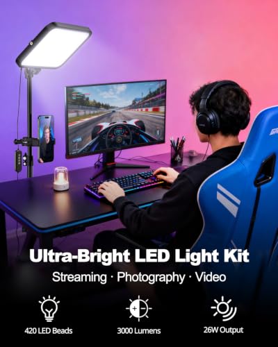 Image of UBeesize 1-Pack LED Video Light Kit with Tripod & Phone Holder | 3000-6500K Dimmable Lighting for Makeup, Gaming & Streaming
