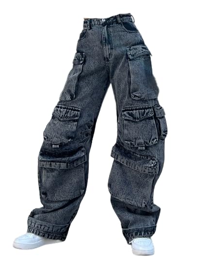 LAPRBY Multi-Pocket Jeans Washed Cargo Pants Y2k Retro High Street High Waist Jeans Casual Wide Leg Parachute Pants3