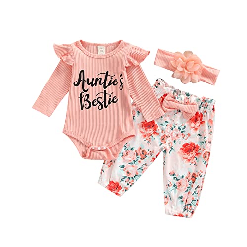 Image of MA&BABY Baby Girl Clothes Set Aunties Bestie Romper Ribbed Letter Print Ruffle Jumpsuit Floral Pants Hairband (Pink-Floral, 0-6 Months)