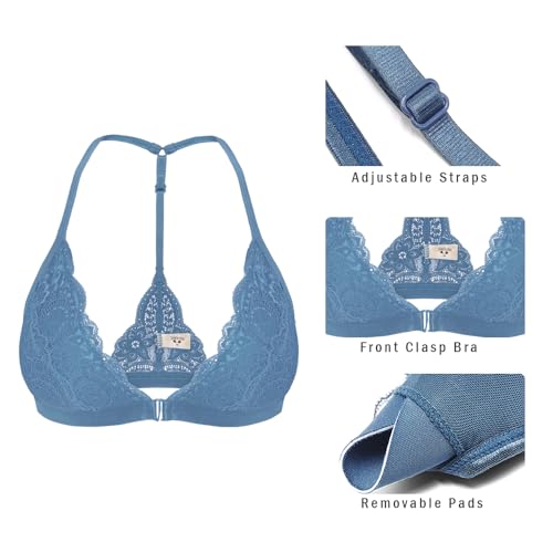 Image of SHEKINI Women's Embroidered Triangle Bra Front Closure Plunge Wireless Lightly Lined Lace Bralette Top
