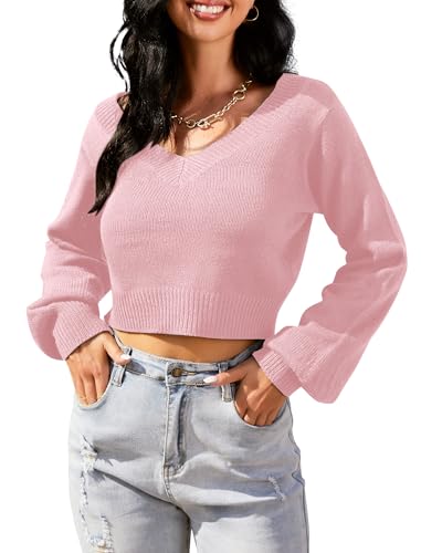 Image of ZAFUL Women's Cropped Sweater V-Neck Long Sleeve Pullover Jumper Knit Top | Crop Length, Ribbed Knit, Double V design, White sweater, Raglan sleeves, lantern sleeve, Fall & Winter, Loose fit, Oversized