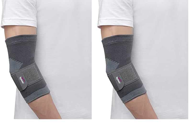 Image of TYNOR Elbow Support, for Joint Stability & Pain Relief | Breathable & Lightweight for Sports, Arthritis, Workout, Gym & Exercise | Easy Elbow Movement With Comfort | Pack of 2 (Grey, XL)