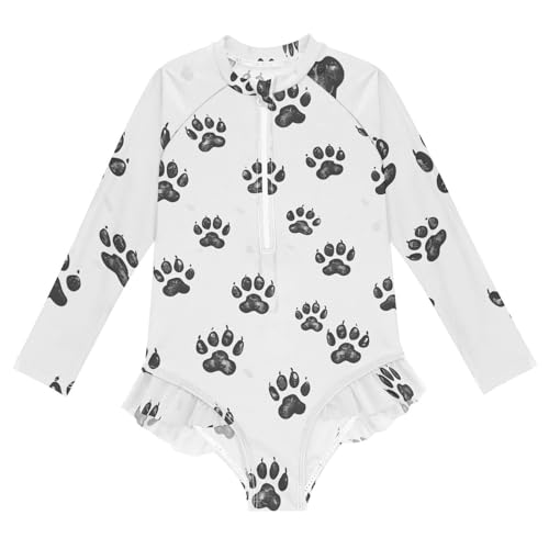 Girls One Piece Swimsuits Long Sleeve Swimsuit Zipper Bathing Suits Bear Footprint Black