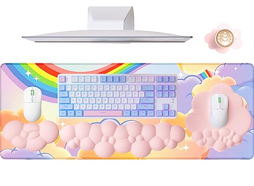 5 in1 Cloud Mouse Pad,Keyboard Wrist Rest,Mouse Wrist Rest Support,Mouse Pad Wirst Rest and Leather Coaster Set with Office Desk Mat,Memory Foam Ergonomic Easy Typing Pain Relief for Office and Home