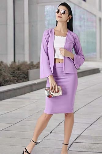 Image of POPWINGS Casual Solid Shrug and Knee Length Skirt Formal Co-Ord Set for Women - Stylish Western Two Piece Summer Work Dress