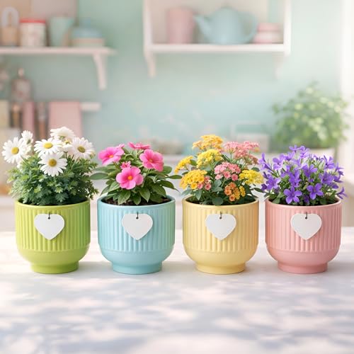 Image of Xtore Charming Pastel Ceramic Planter Set of 4 with Hanging Heart Accent | Ribbed Textured Indoor Pots for Succulents, Desk, Shelf & Home Decor (Pack of 4, Planters only)