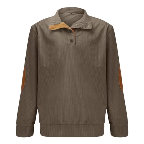Cathalem Mens Corduroy Shirts Long Sleeve Button Up Stand Collar Casual Pullover Sweaters Polo Sweatshirts with Elbow Patches2