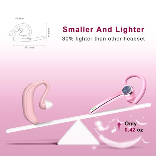 Image of HEIBAS Bluetooth Headset, Wireless Bluetooth Earpiece with 500mAh Charging Case 72 Hours Talking Time Built-in Microphone for iOS Android Cell Phone, V5.1 Hand-Free Headphones for Trucker, Office-Pink