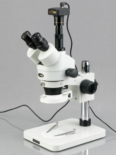 Image of AmScope SM-1TS-144S Professional Trinocular Stereo Zoom Microscope, WH10x Eyepieces, 7X-45X Magnification, 0.7X-4.5X Zoom Objective, 144-Bulb LED Ring Light, Pillar Stand, 110V-240V