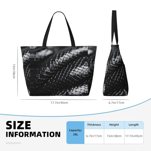 snake skin black and white Print Large Capacity Foldable Washable Zipper Beach Travel Tote Bag ShoppingBag4