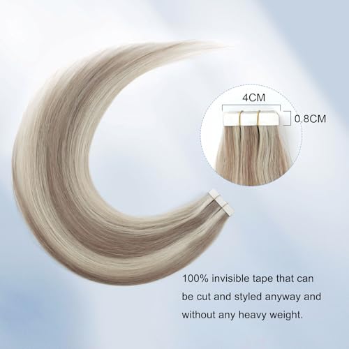 Image of Sixstarhair Invisible Tape In Hair Extensions Real Human Hair Blonde Highlights Gold Blonde With Ash Blonde Remy Tape Hair Extensions for Woman 20 Pieces 50g[Color #P20-60 22 inch]