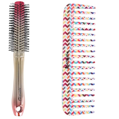 Image of Midazzle Premium Round Hair Brush and Floral Comb Set, Golden, Pack of 2, For Men and Women (MIHB0023+MIFC2306)