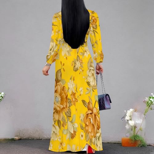 Image of Women Plus Size Long Sleeve V Neck Maxi Dress with Belt | Soft fabric relaxed fit three quarter sleeve v neck with pockets for party and daily wear