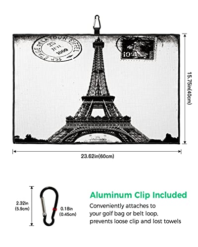 Golf Towel With Carabiner Clip France Eiffel Tower Vintage Stamp White Back Microfiber Golf Towels For Golf Bags,Romantic Architecture Waffle Pattern Towel Golf Gift For Men Golf Accessories 24X16In #TOP2