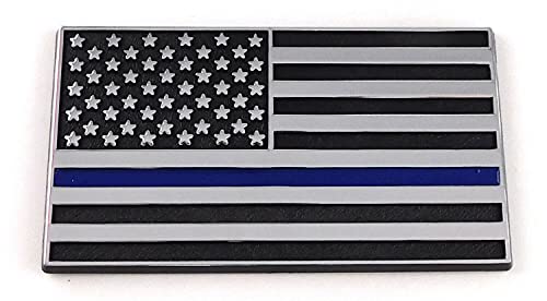 Image of Thin Blue line USA Police Flag Black Chrome Plastic car Track Emblem 3D Decal 4 inch x 2.25 inch