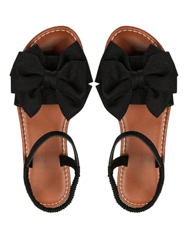 GORGLITTER Women's Bow Flat Sandals 2025 Dressy Open Toe Ankle Strap Summer Vacation Slides Shoes Black 8