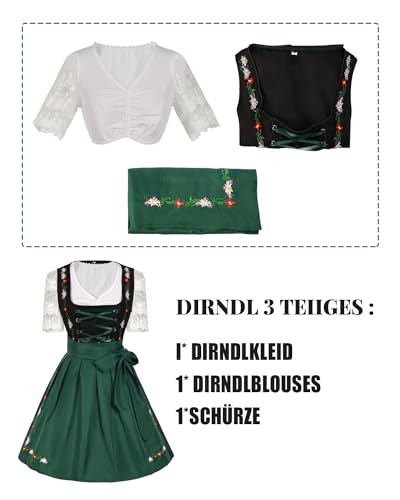 Fiamll Dirndl Damen Midi Trachtenkleid Damen Dirndl Kurz Set Dirndlbluse für Oktoberfest 3 Teilig Dirndlkleid, Bluse, Schürze Grün S