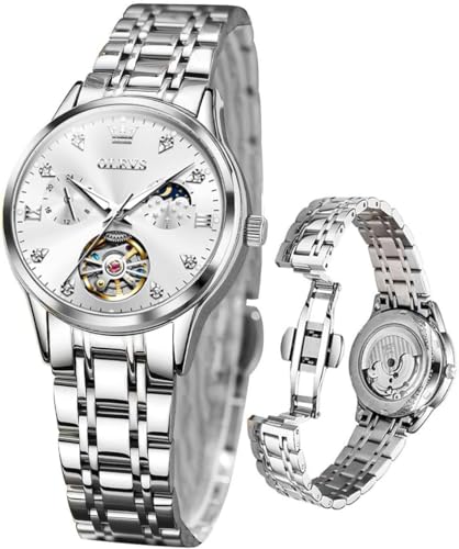 OLEVS 腕時計レディース 機械式 自動巻き かわいい うで時計 レディース 腕時計 防水 夜光 ダイヤモンド キラキラ 女性腕時計 日付 ladies watch ホワイト