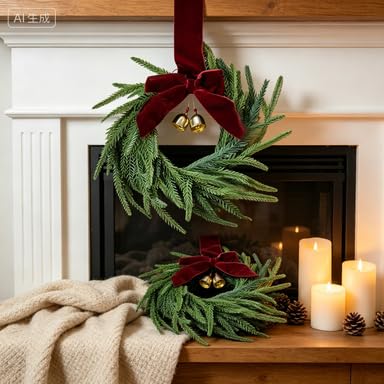 12 Inch Small Red Bow & Leaves Christmas Wreath for Front Door Decoration (Green) - image 3