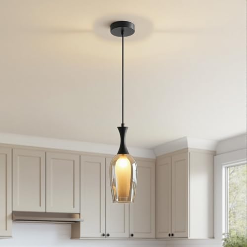 Warmiehomy Glass Pendant Light,Vintage Kitchen Island Lights Adjustable Height,Industrial Hanging Lights for Dining Room Bedroom Hallway,D10*H152cm(Black)