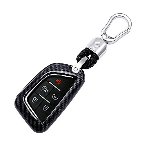 Image of iJDMTOY Gloss Black Carbon Fiber Pattern Exact Fit Key Fob Shell Cover w /Chrome Edging Trim Compatible with 2020-up Cadillac CT5 CT6 XTS XT4 XT5 ATS, etc