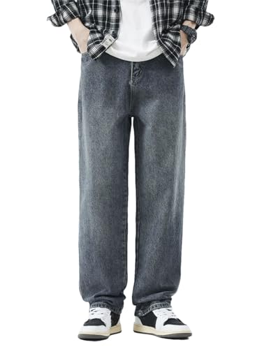 Men Printing Jeans with Pockets Vintage Street Straight Pants Wide Casual Denim Trousers