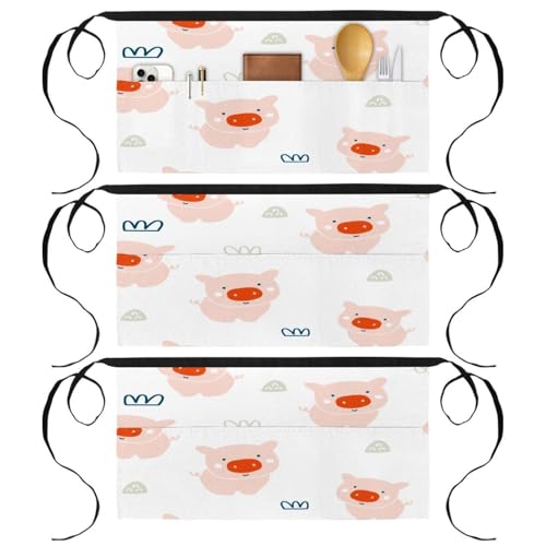 Lot de 3 tabliers courts de chef à poches rose et couronne