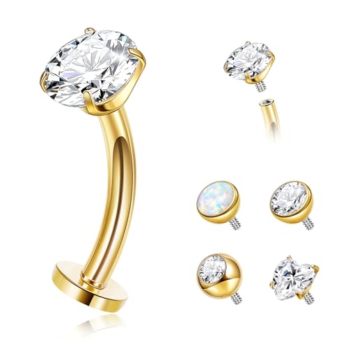 YOVORO 14G G23 Pure Titanium Floating Belly Button Ring for Women Flat Back Petite Belly Navel Ring Hypoallergenic Internally Threaded Navel Ring with Opal CZ Replacement Ball Belly Piercings Jewelry Gold 10MM