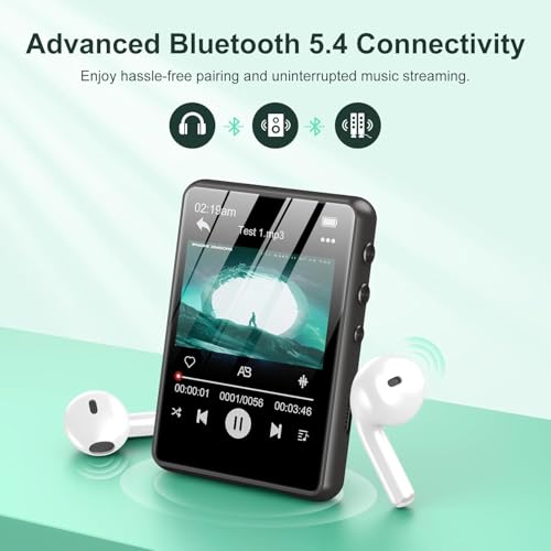 Image of 128GB MP3 Player with Bluetooth 5.4, 2.4 inch Portable HiFi Music Player with FM Radio /HD Speaker /E-Book /Photo /Video /Alarm Clock, Digital Music Player Earphones Included