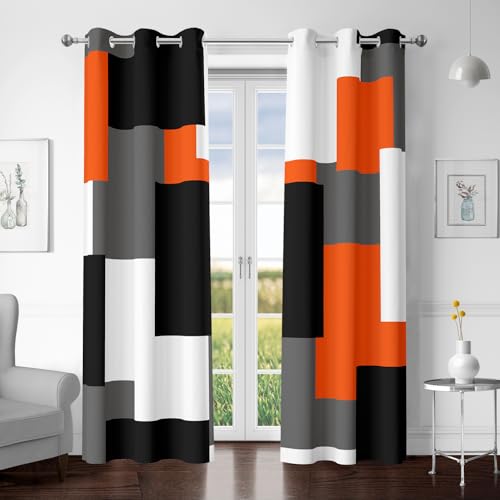 Tyrot Orange 100% Blackout Curtains 45 inch Length 2 Panels Set White Grey Modern Abstract Geometric Drapes for Kitchen Black Out Curtains Insulated Room Darkening Small Window Curtains, 42W