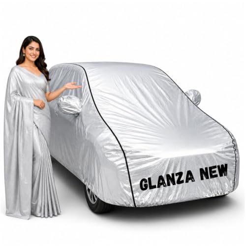 Image of Waterproof Car Body Cover for Glanza New All Weather Protection Comes with Inner Cotton Lining & Triple Stitched with Mirror & Antenna Pocket Belt & Elastic Fit Metallic Silver with Black Piping1