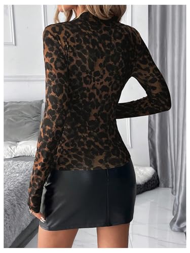MakeMeChic Women's Leopard Print Mock Neck Slim Fit Long Sleeve Ruched Tee Shirt Tops2