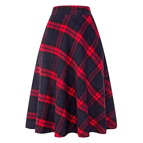Ylingjun Long Plaid Wool Skirt for Womens Winter Fall Warm High Elastic Waist A line Flared Pleated Wool Tartan Skirts, Red, Small Cover