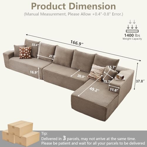 Image of 166.9 inch Cloud Sectional Couch with L-Shape Chaise, Upholstered Corduroy Couches Sleeper with Deep Seat, Modern Modular Comfy Sofa Chaise Longue for Living Room Bedroom, No Assembly Required, Camel