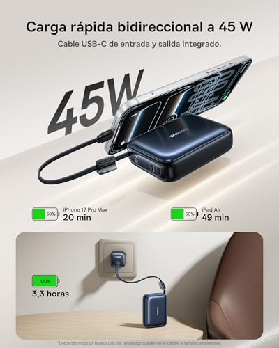 Batería externa PD 45W Baseus con cable USB-C integrado para iPhone 17 y iPad 2