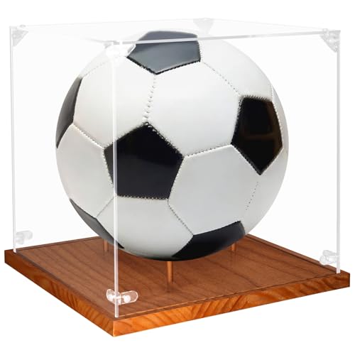 Image of Hooqict Soccer Ball Display Case Clear Acrylic 9 inch Full Size with Solid Wood Base UV Protected Soccer Ball Case Holder Display Stand Square Box for Sports Collections Autographed Ball Memorabilia Gifts