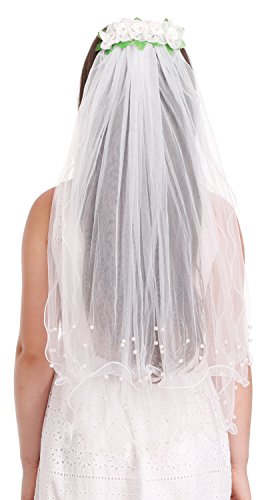 Bienvenu Girls 2-Tier Beaded Veil with Attached Floral Headband,White_3