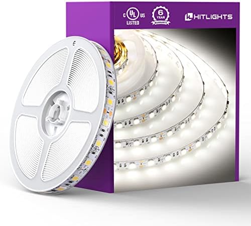 HitLights White LED Strip Lights 5000K, 16.4FT Premium 5050 Light Strip, 300 Bright LEDs, Strong Adhesive Backed, 12V Tape Lights for Mirror, Bedroom, Cabinet, Display, Kitchen, UL-Listed