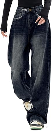 EMMIOL Women Baggy Jeans Mid-Low Waist Boyfriend Streetwear Vintage Jeans Wide Leg Denim Pants