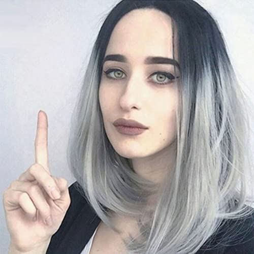 Glowingwin Short Straight Bob Synthetic Wigs Ombre Grey Wigs for Women Colorful Wigs Dark Root Middle Part Silver Wigs For Women Full Synthetic Hair Platinum Wig Made Natural Looking