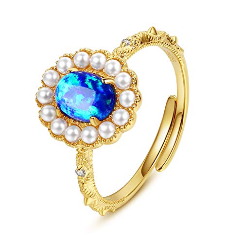 VIKI LYNN Anillo de ópalo azul ajustable con perlas creadas chapado en oro de 18 quilates joyería de compromiso para mujer Cover